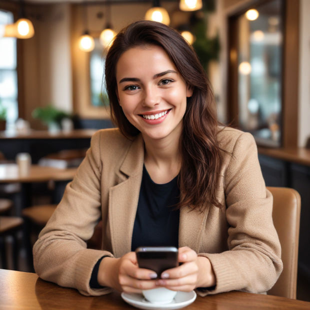 A young professional sitting in a cozy café, smiling while holding a smartphone, looking pleased.