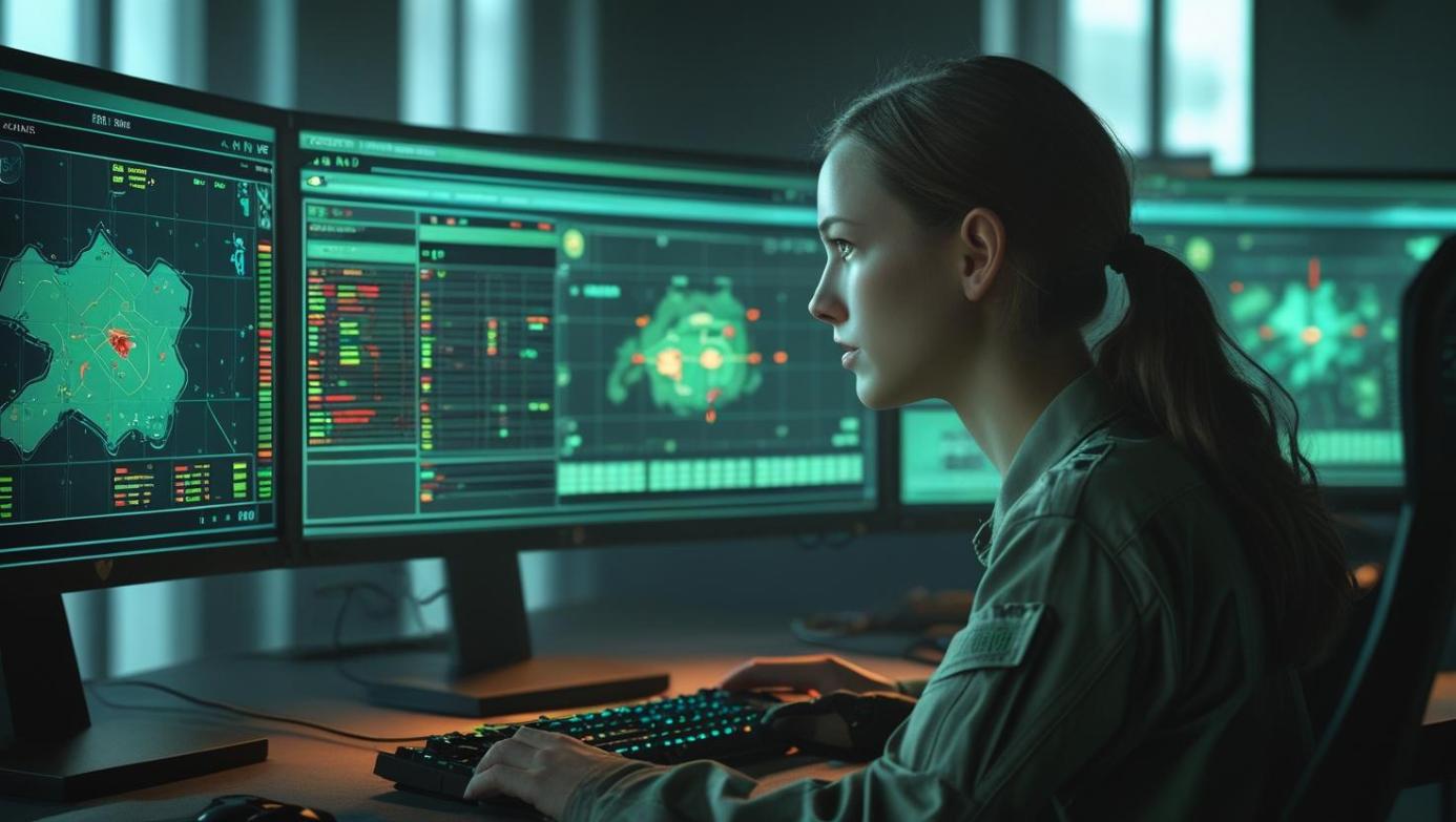 Woman analyzes glowing tactical overlays on multiple monitors in a dark room.