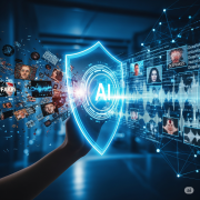 A hand holding a glowing digital shield with an AI symbol, deflecting a chaotic stream of distorted and corrupted data while protecting a clear, ordered stream of information.